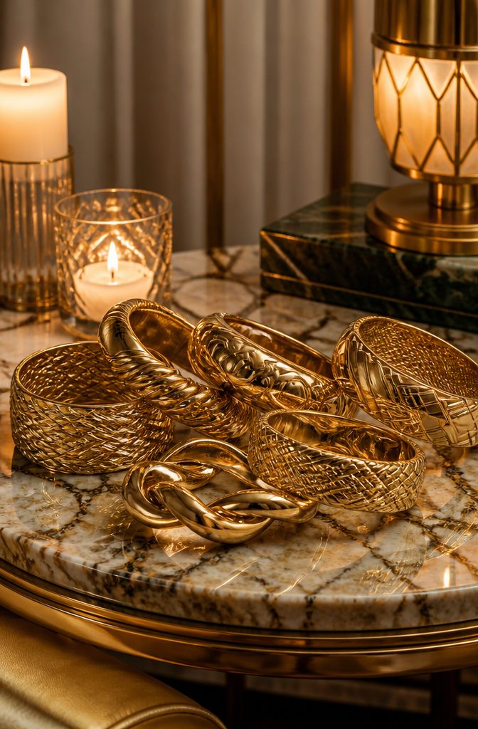 1950s Jewelry Style: Pearls, Diamonds, and Statement Pieces 7 A collection of chunky gold bangles displayed on a tabletop.