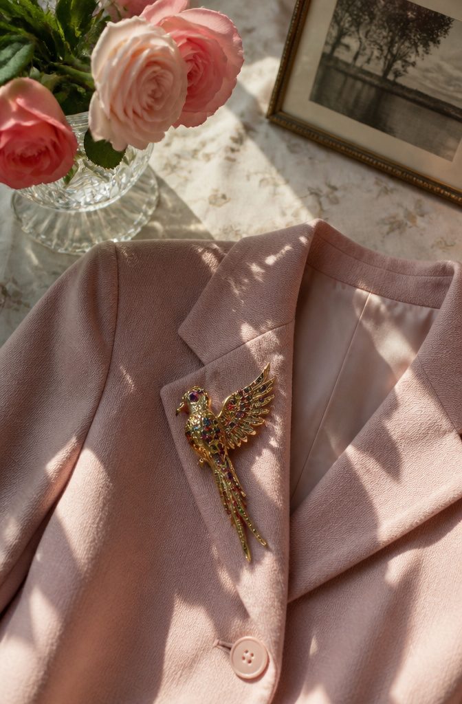 1950s Jewelry Style: Pearls, Diamonds, and Statement Pieces 4 A decorative brooch featuring floral design and gemstones.