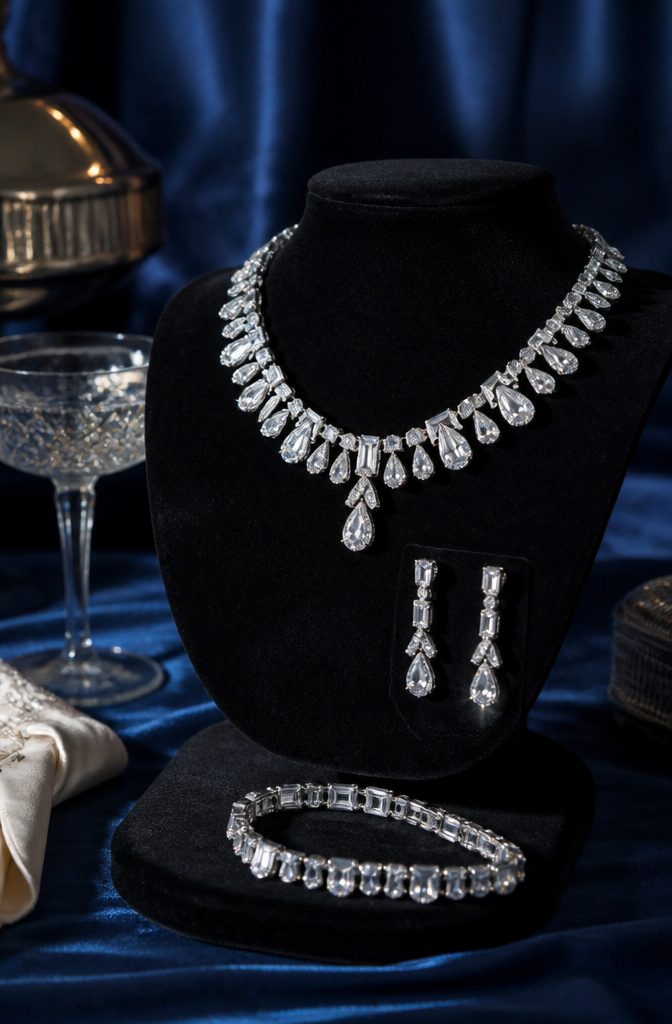 1950s Jewelry Style: Pearls, Diamonds, and Statement Pieces 2 A close-up of a diamond and platinum jewelry set.