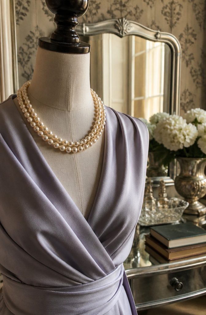 1950s Jewelry Style: Pearls, Diamonds, and Statement Pieces 1 A mannequin wearing a lavender blouse with a double strand of pearls.