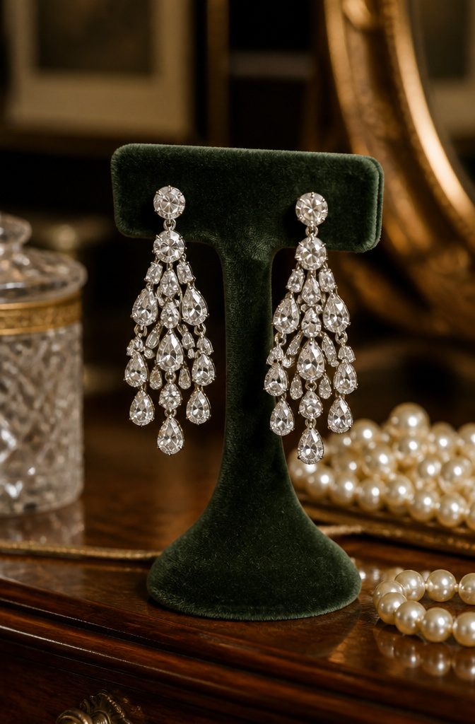 1950s Jewelry Style: Pearls, Diamonds, and Statement Pieces 6 A pair of chandelier earrings designed to catch light.