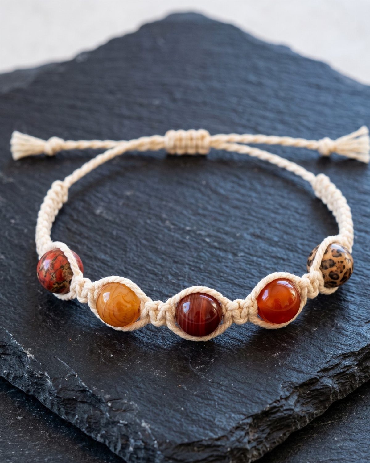 11 Beaded Jewelry DIY Bracelets Ideas for Every Style 8 Macramé bracelet with red and orange stone beads on a dark slate background