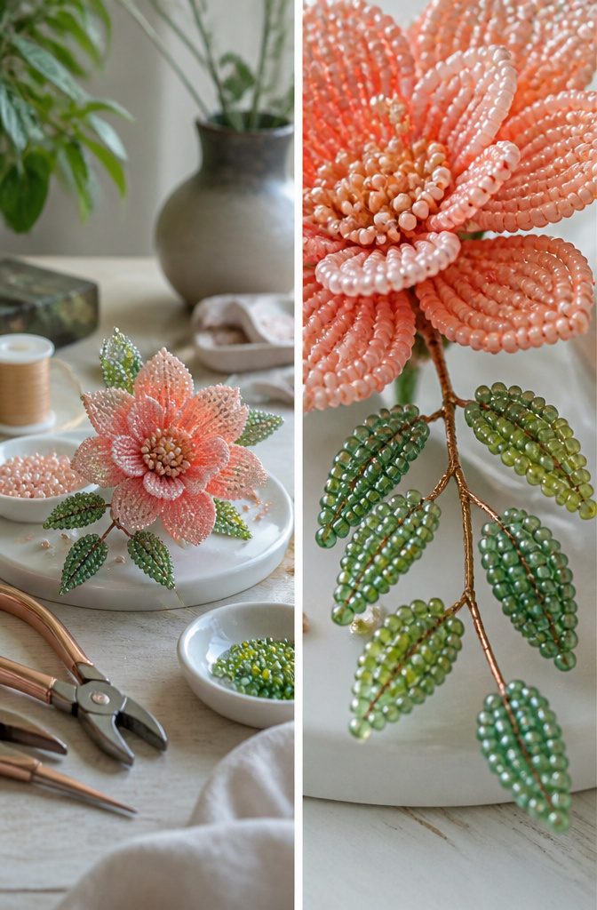 How to Make Beaded Jewelry Flowers: 6 Steps for Beginners 5 Beaded leaves attached to the base of a flower design.