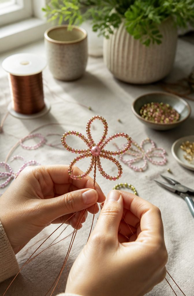 How to Make Beaded Jewelry Flowers: 6 Steps for Beginners 4 Five petal wires arranged around a central bead in a beaded flower.