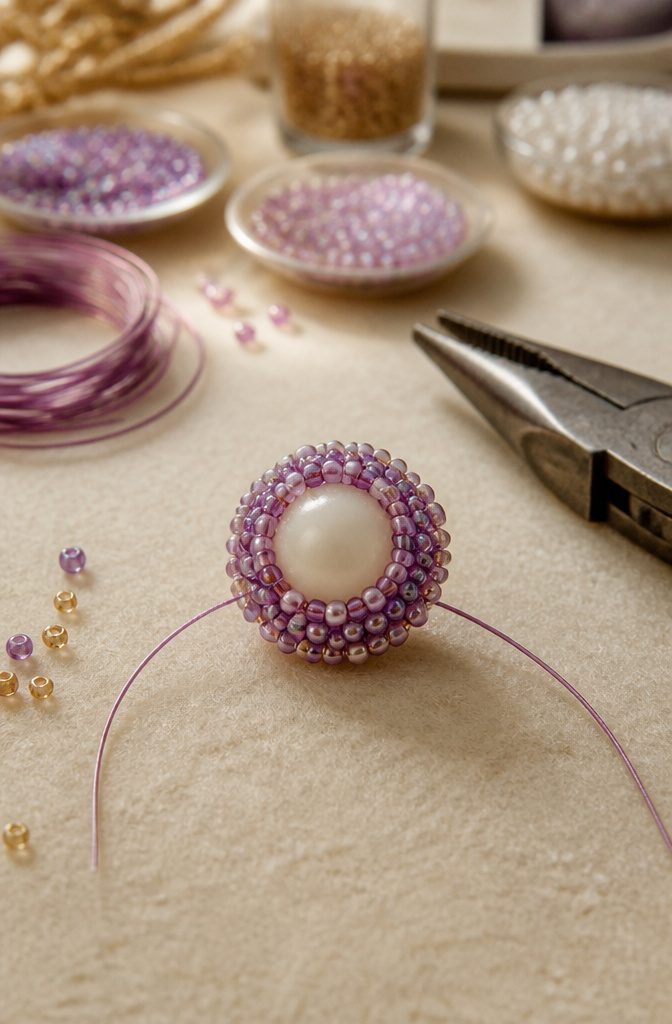 How to Make Beaded Jewelry Flowers: 6 Steps for Beginners 2 Close-up of a flower center constructed with a silicone bead and seed beads.