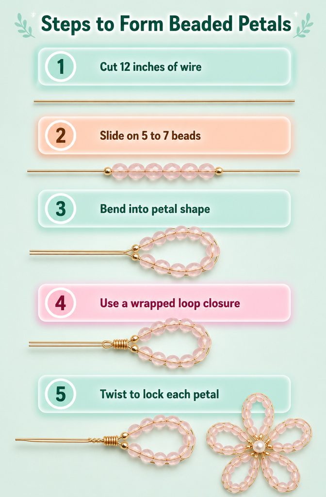 How to Make Beaded Jewelry Flowers: 6 Steps for Beginners 3 Instructions on how to form beaded petals with wire and beads.