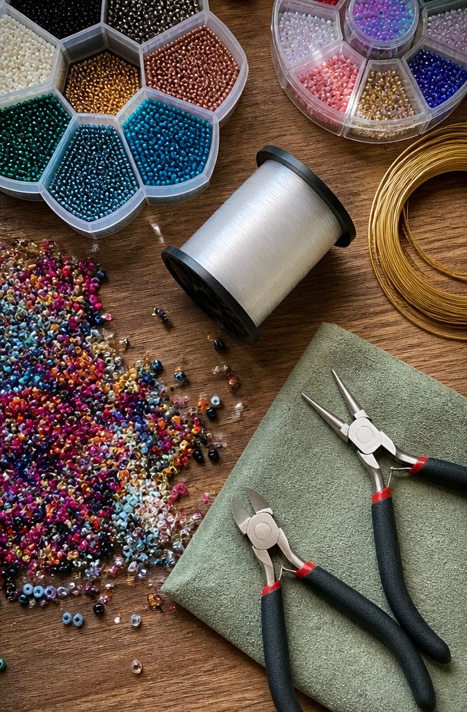 How to Make Beaded Jewelry Flowers: 6 Steps for Beginners 1 Preciosa Rocaille beads and wire tools for beaded flower making.