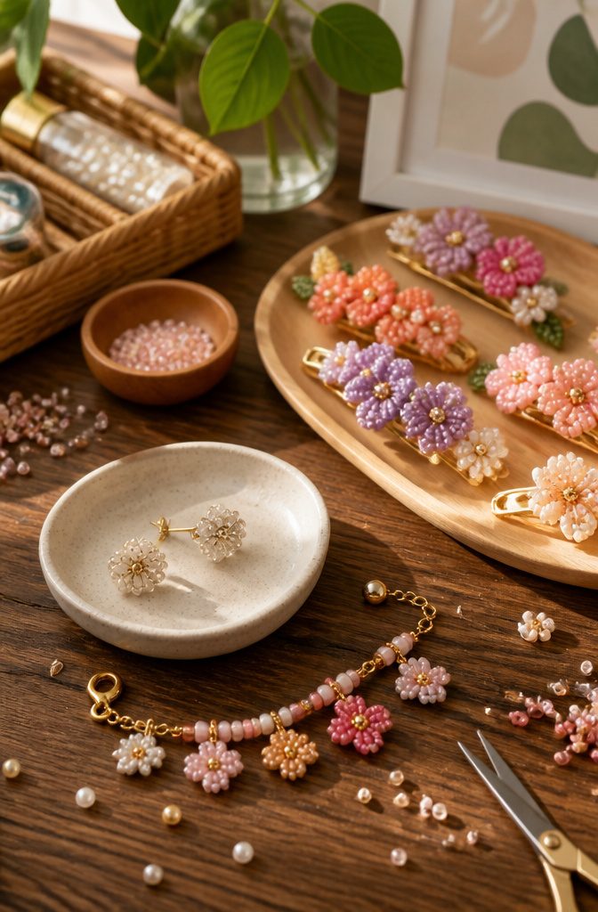 How to Make Beaded Jewelry Flowers: 6 Steps for Beginners 9 Various beaded flower accessories arranged for display.