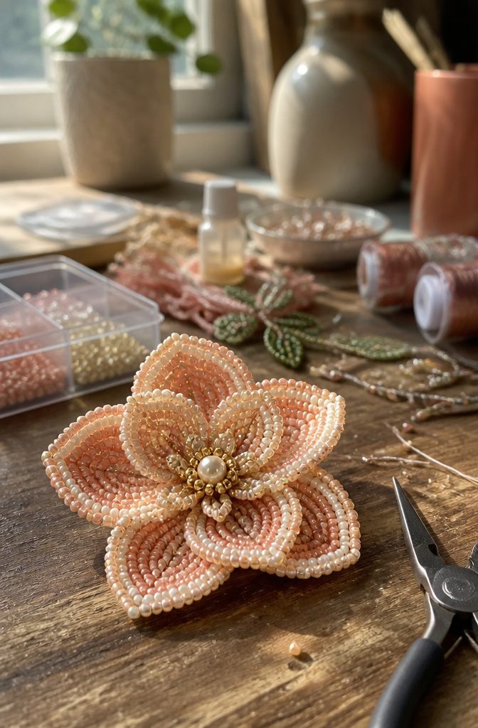How to Make Beaded Jewelry Flowers: 6 Steps for Beginners 6 A completed beaded flower with trimmed wire ends on a workbench.