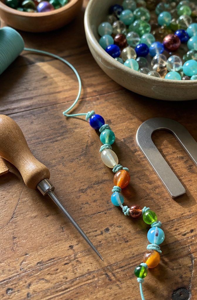 Beaded Jewelry Knots: How to Secure Beads With Cord 4 Silk cord with colorful Czech glass beads on a rustic worktable.