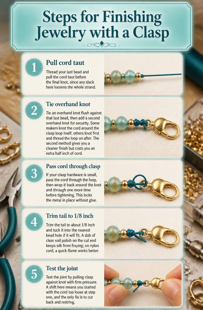 Beaded Jewelry Knots: How to Secure Beads With Cord 5 Steps for finishing jewelry with a clasp and final knots.