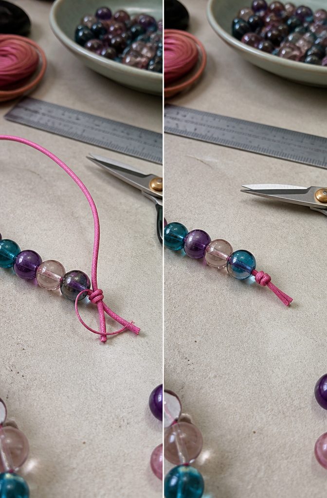 Beaded Jewelry Knots: How to Secure Beads With Cord 9 Double-wrapped double knot on elastic cord for jewelry.