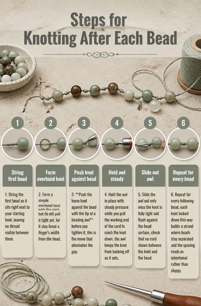 Beaded Jewelry Knots: How to Secure Beads With Cord 3 Steps for knotting after each bead with a loose overhand knot.
