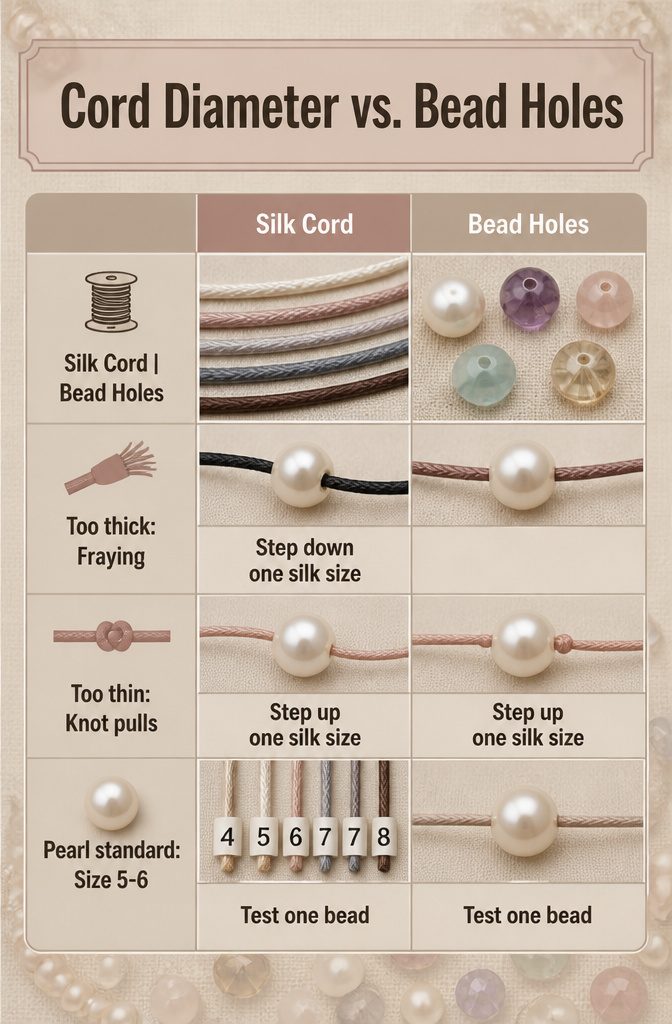 Beaded Jewelry Knots: How to Secure Beads With Cord 11 Comparison of cord diameter and bead holes for jewelry.