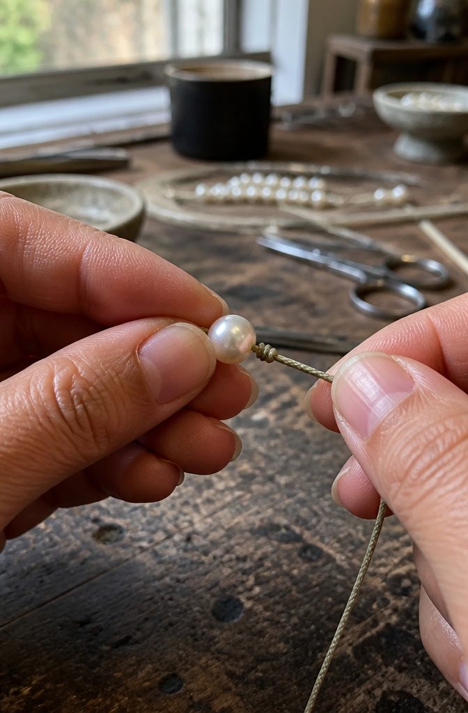 Beaded Jewelry Knots: How to Secure Beads With Cord 6 Close-up of an overhand knot tightened against a pearl bead.