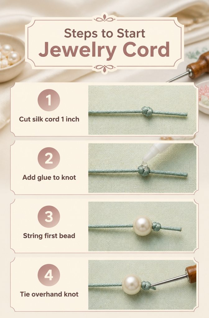 Beaded Jewelry Knots: How to Secure Beads With Cord 2 Steps to start jewelry cord with a double knot and glue.