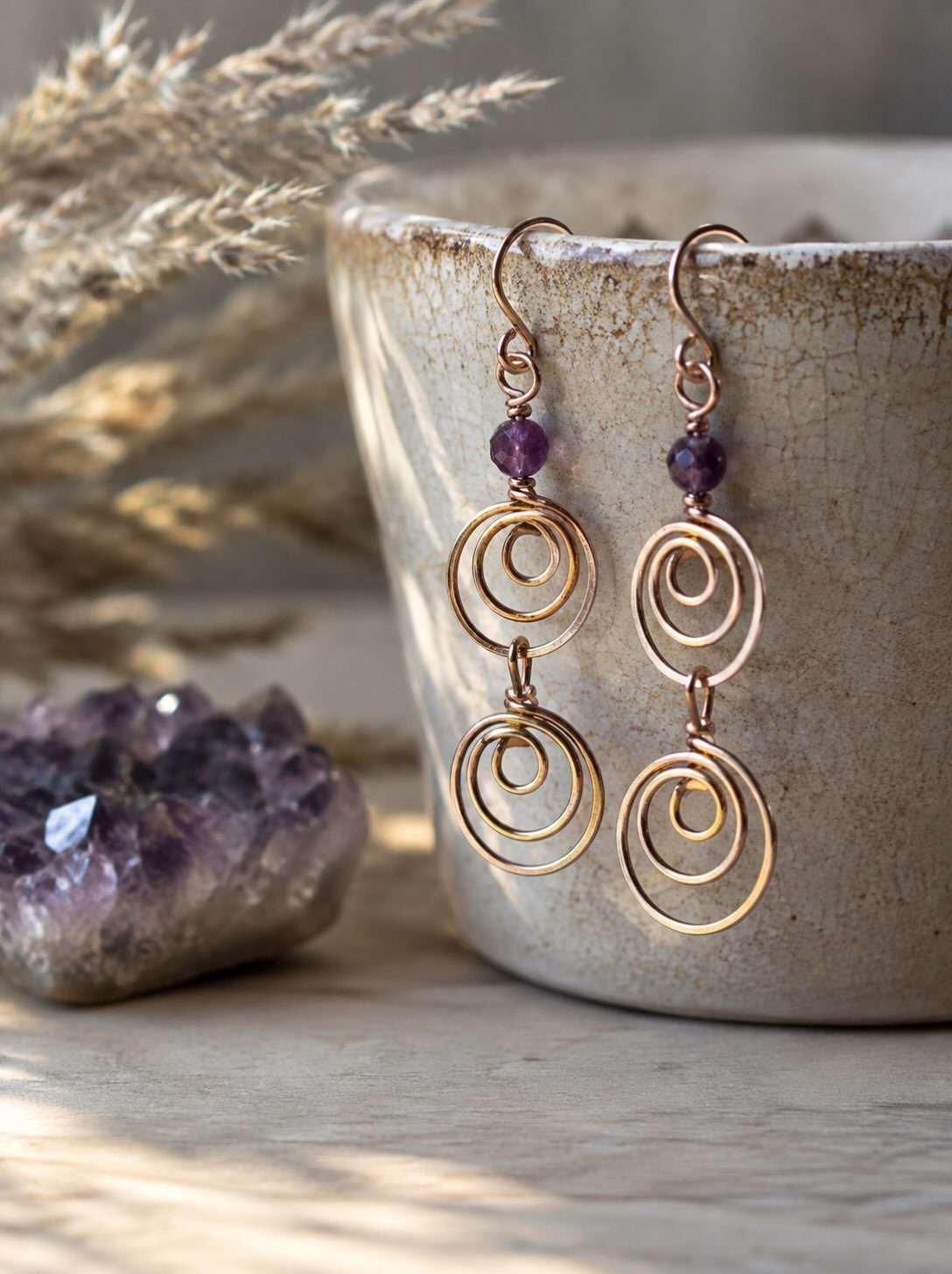5 Beaded Jewelry with Wire Ideas: Bracelets, Links and Necklaces 2 Copper wire earrings with purple amethyst beads and spiral wrapped loops.