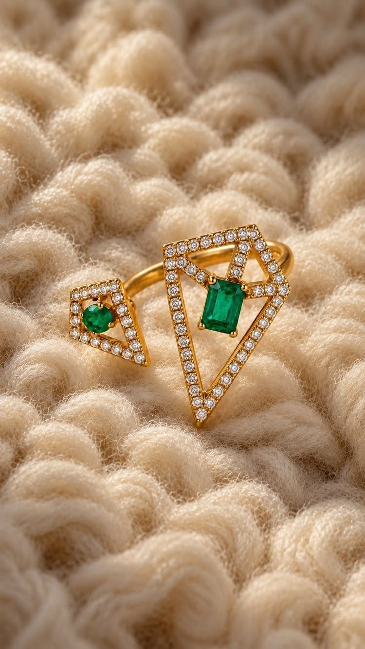 Bold Gold Jewelry: 9 Ways to Wear the Trend in 2026 2 Gold ring with geometric diamond-encrusted shapes and green emeralds on beige knit fabric