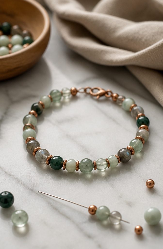 How to Make Bracelets: 10 DIY Styles Anyone Can Learn 2 Close-up of a beaded bracelet with glass and stone beads on a marble surface.