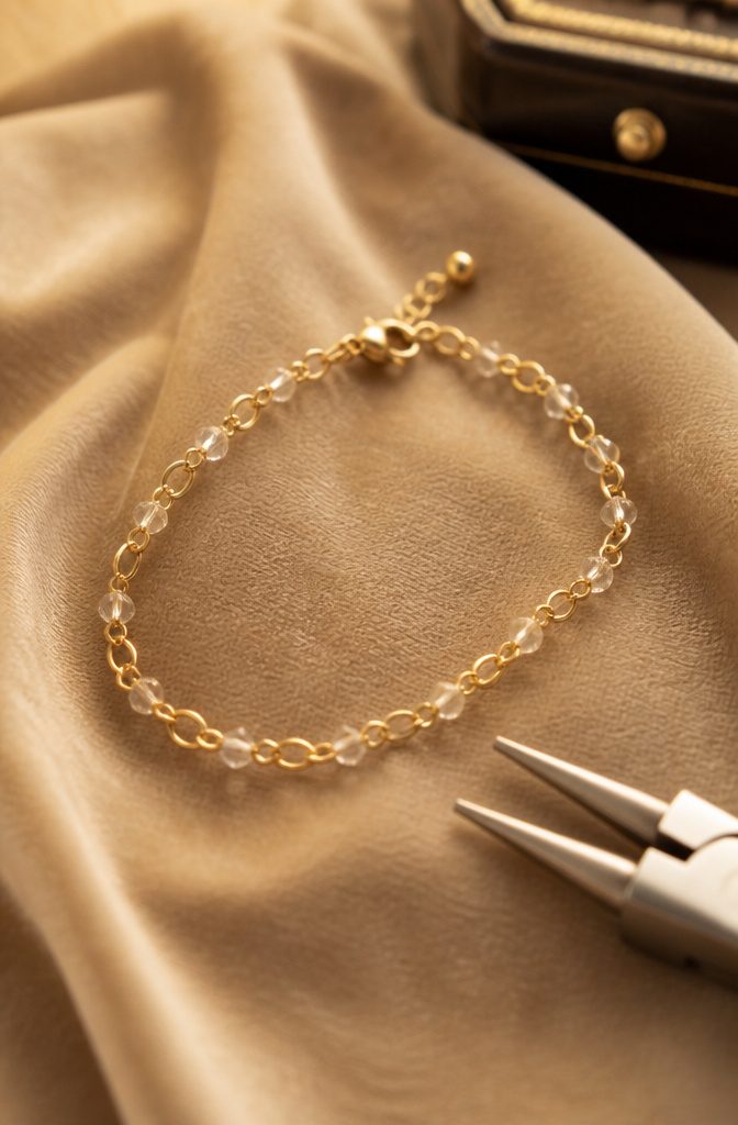 How to Make Bracelets: 10 DIY Styles Anyone Can Learn 5 A chain bracelet made of cable chain links on a plain background.