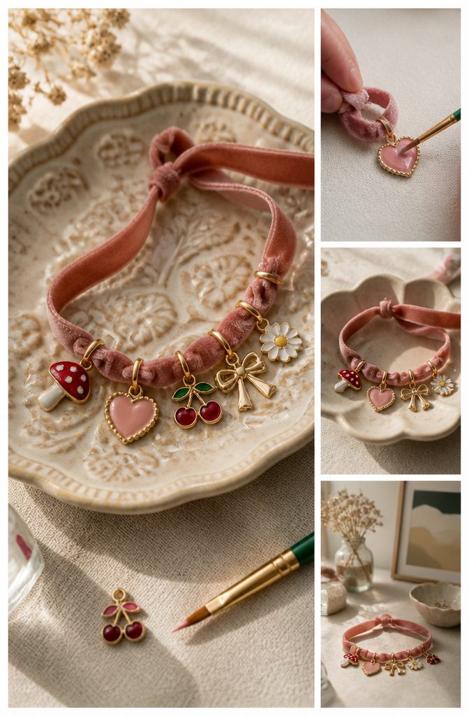 How to Make Bracelets: 10 DIY Styles Anyone Can Learn 8 A charm bracelet made from ribbon with various decorative charms.