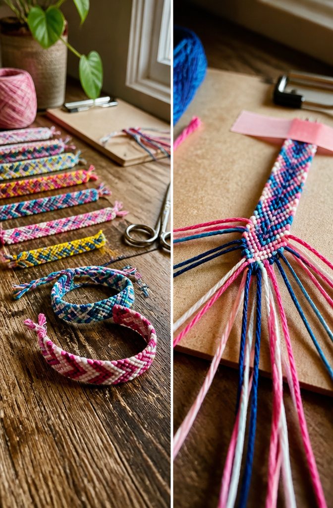 How to Make Bracelets: 10 DIY Styles Anyone Can Learn 1 A friendship bracelet made from colorful macrame knots on a clipboard.