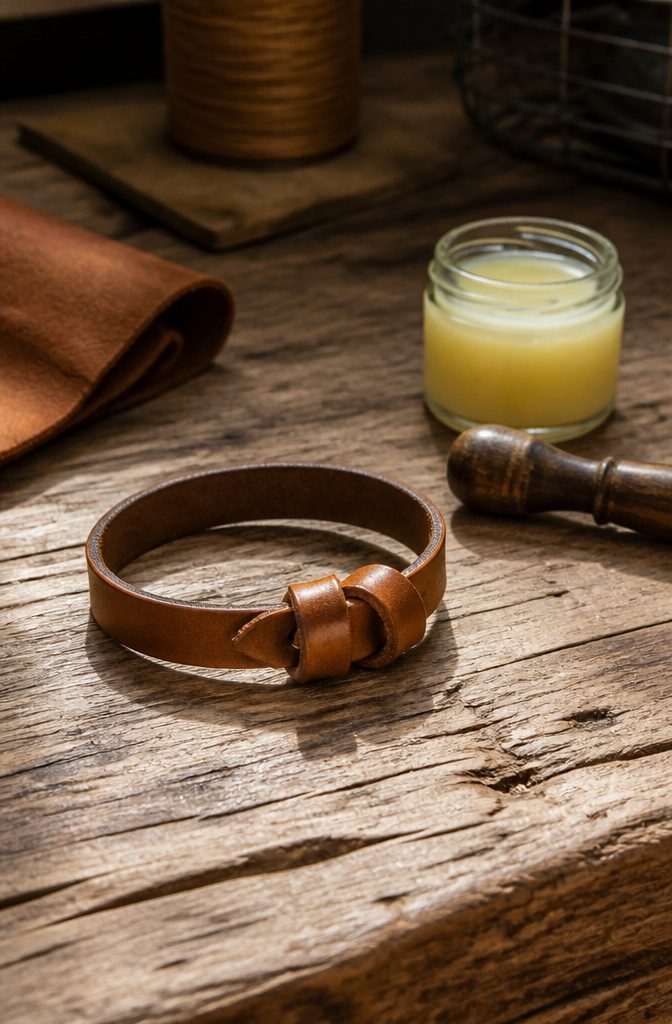 How to Make Bracelets: 10 DIY Styles Anyone Can Learn 3 A leather bracelet made from full-grain leather on a rustic wood table.