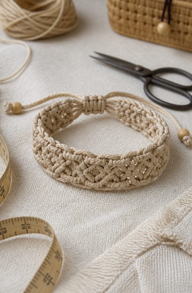 How to Make Bracelets: 10 DIY Styles Anyone Can Learn 4 A macrame bracelet with square knots displayed on soft fabric.