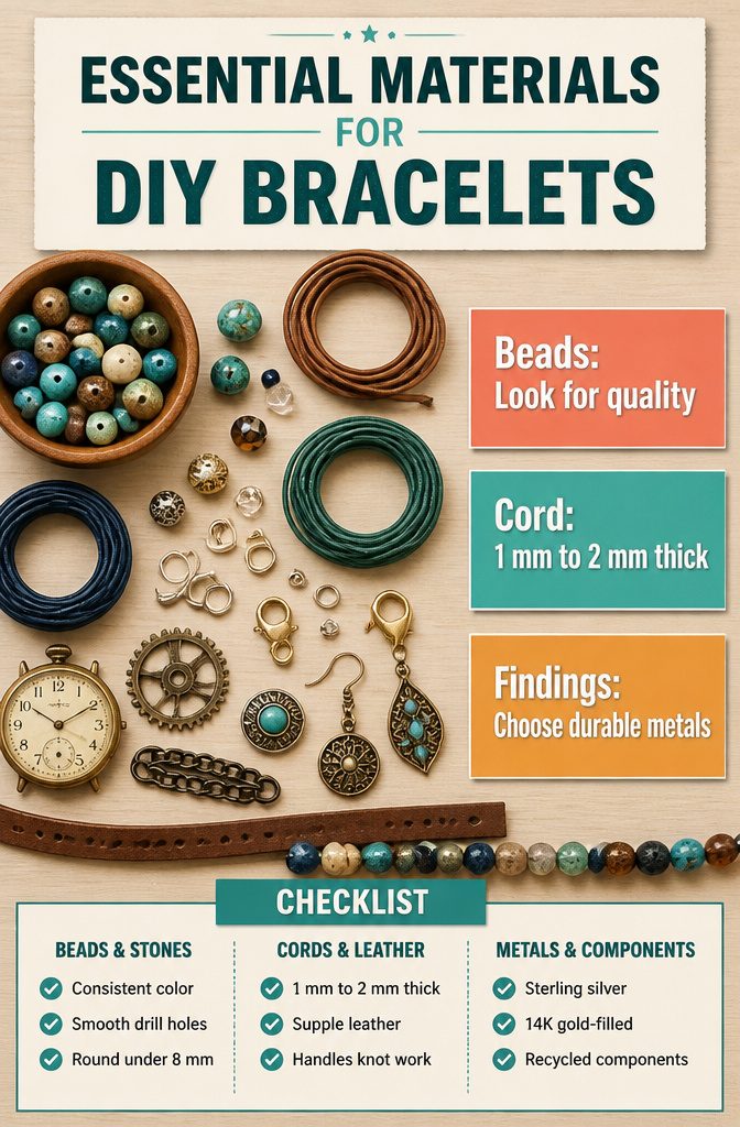 How to Make Bracelets: 10 DIY Styles Anyone Can Learn 11 An image listing essential materials for making DIY bracelets.