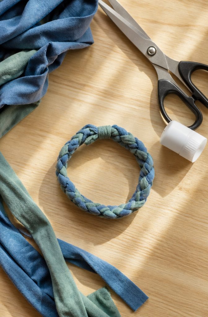 How to Make Bracelets: 10 DIY Styles Anyone Can Learn 6 A T-shirt bracelet made from cut strips of cotton jersey fabric.