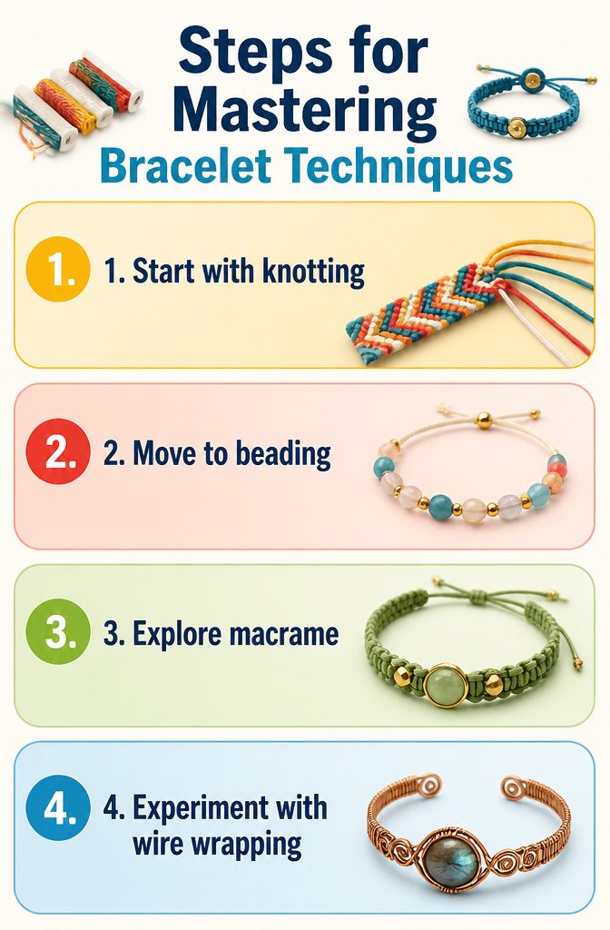 How to Make Bracelets: 10 DIY Styles Anyone Can Learn 12 An overview of bracelet making techniques displayed on a plain background.
