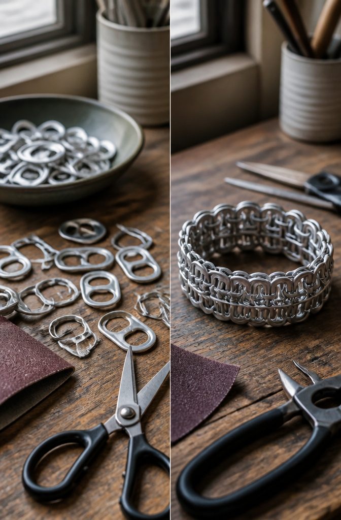 How to Make Bracelets: 10 DIY Styles Anyone Can Learn 9 A bracelet made from interlocking soda can tabs on a plain background.