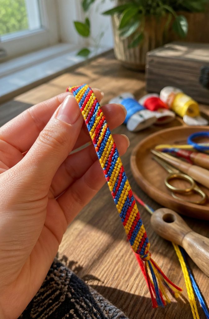 Braided bracelet patterns: 12 friendship bracelet designs to try 1 Candy Stripe bracelet showing red, blue, and yellow diagonal stripes.