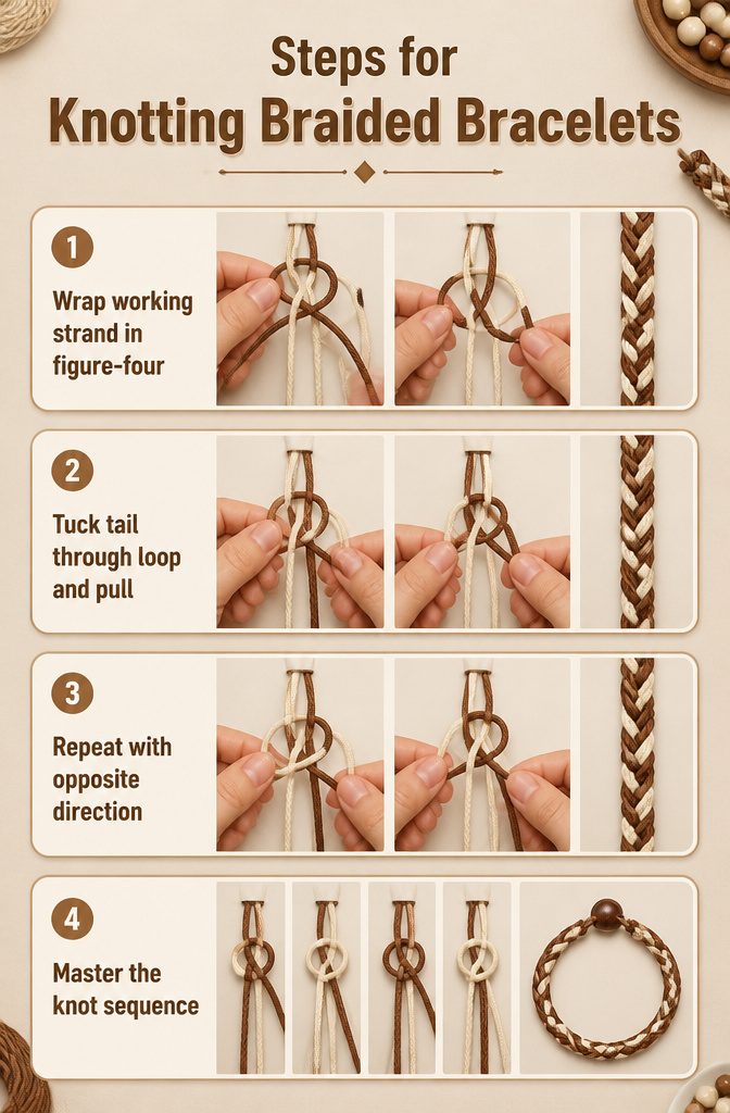 Braided bracelet patterns: 12 friendship bracelet designs to try 13 Illustration showing steps for knotting braided bracelets.