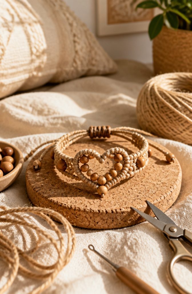 Braided bracelet patterns: 12 friendship bracelet designs to try 8 Heart Pattern bracelet displayed on soft natural fabrics.