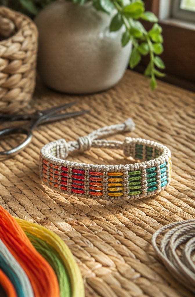 Braided bracelet patterns: 12 friendship bracelet designs to try 9 Ladder Stitch bracelet crafted with four strands on a grass mat.
