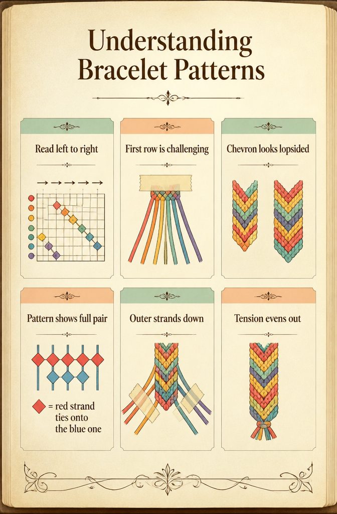 Braided bracelet patterns: 12 friendship bracelet designs to try 15 Grid layout explaining bracelet patterns for knotting.