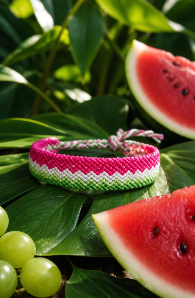 Braided bracelet patterns: 12 friendship bracelet designs to try 11 Watermelon bracelet resting against vibrant green leaves.