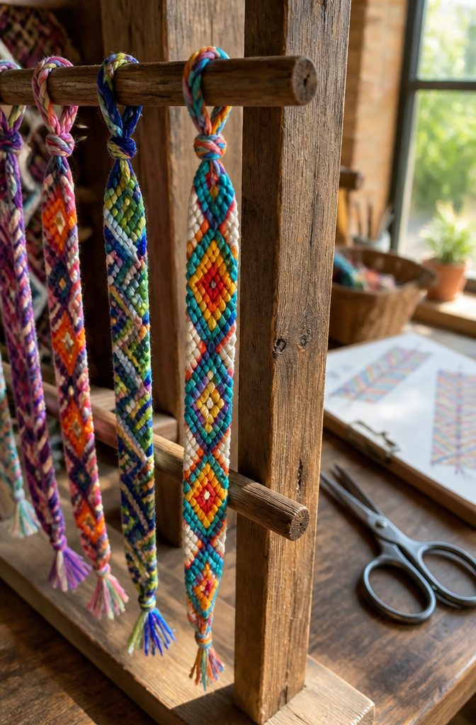 Braided bracelet patterns: 12 friendship bracelet designs to try 16 Friendship bracelets hanging on a wooden display rack.