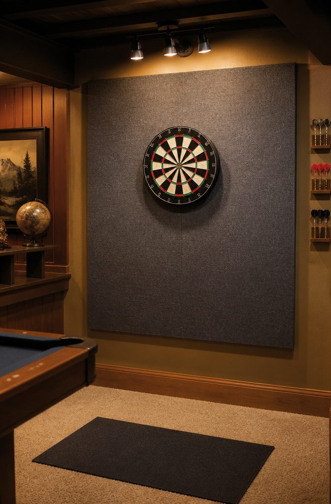 How to Make a DIY Dart Board Backboard and Cabinet: 4 Ideas That Protect Your Wall 2 A dartboard backboard made from acoustic ceiling tiles covered in gray felt.