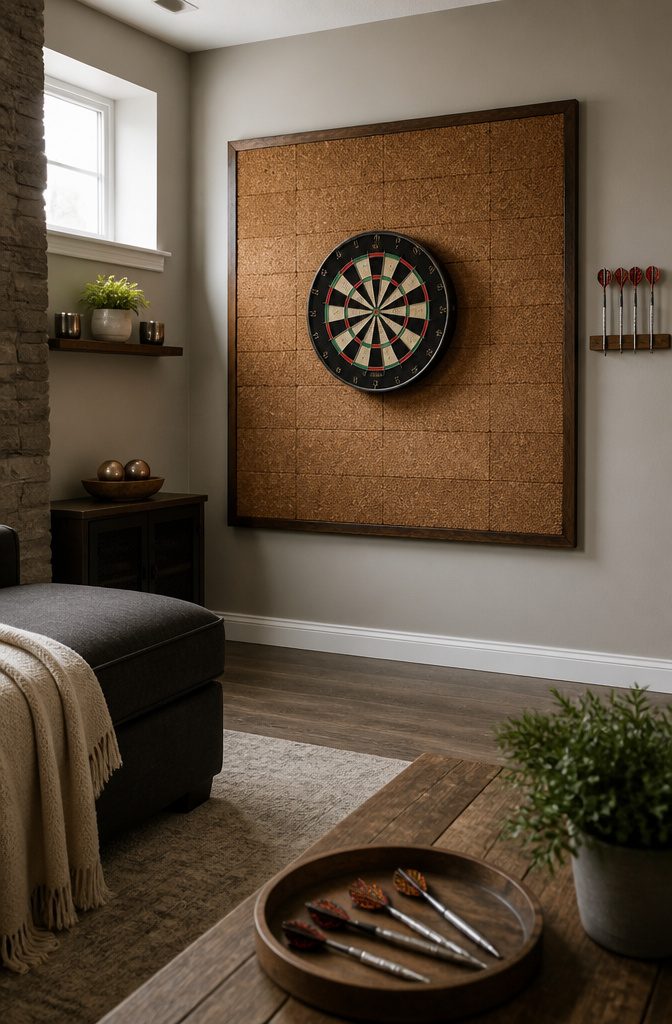 How to Make a DIY Dart Board Backboard and Cabinet: 4 Ideas That Protect Your Wall 4 A dartboard backboard made from cork flooring planks in a basement.