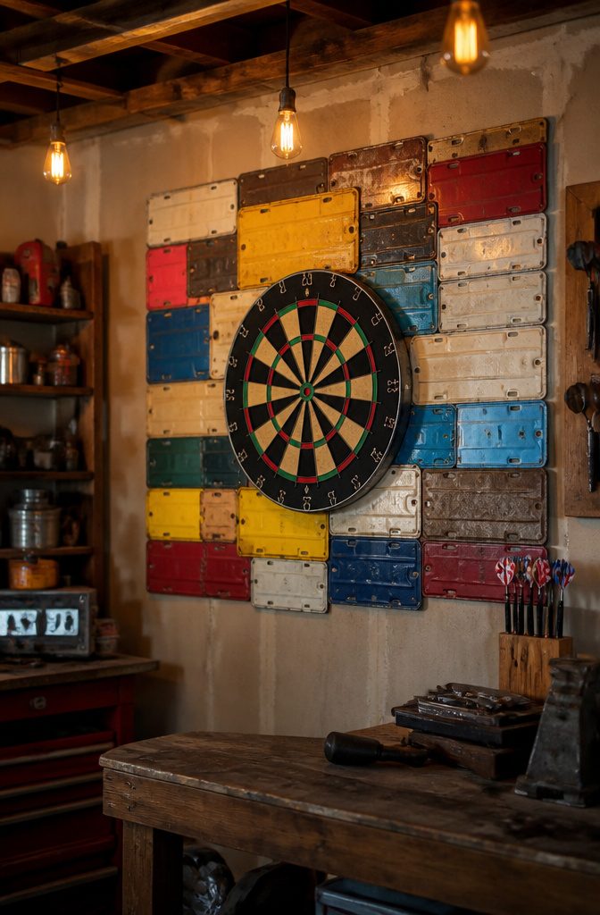 How to Make a DIY Dart Board Backboard and Cabinet: 4 Ideas That Protect Your Wall 3 A dartboard backboard made of overlapping old license plates.