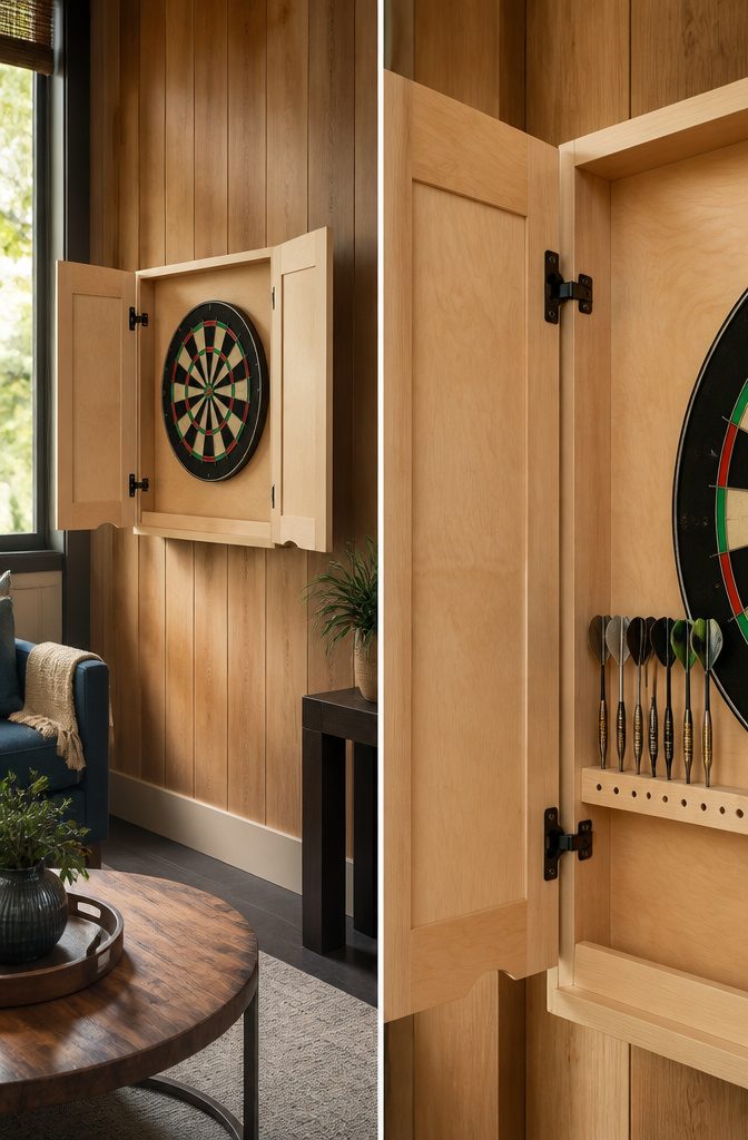 How to Make a DIY Dart Board Backboard and Cabinet: 4 Ideas That Protect Your Wall 1 A completed dartboard cabinet with doors and a dartboard inside.