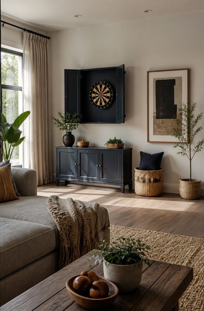 How to Make a DIY Dart Board Backboard and Cabinet: 4 Ideas That Protect Your Wall 7 A dartboard cabinet with a stylish finish in a game room.