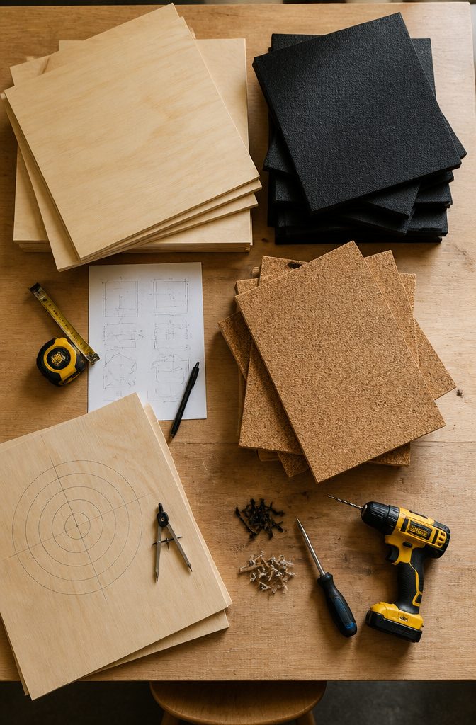 How to Make a DIY Dart Board Backboard and Cabinet: 4 Ideas That Protect Your Wall 5 A selection of materials for building dartboard backboards.