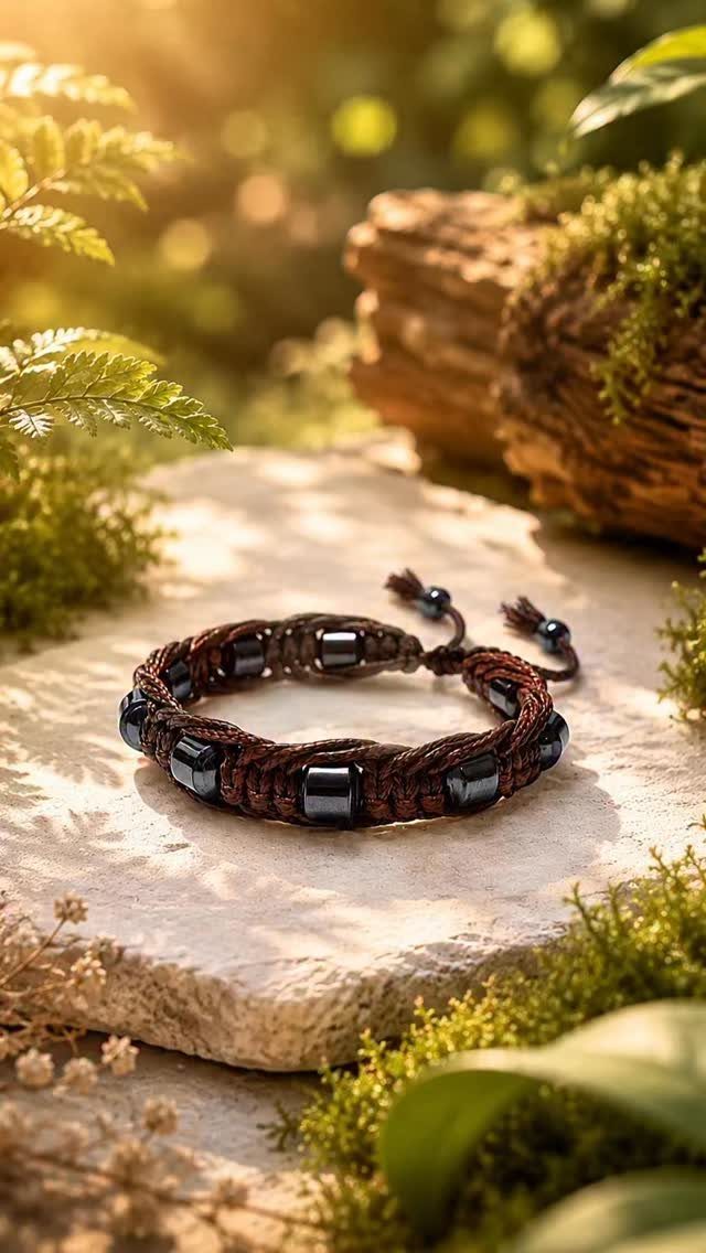 DIY Bracelet Designs: 8 Woven, Beaded and Leather Projects 1 Braided brown cord bracelet with dark rectangular beads resting on a sunlit stone.