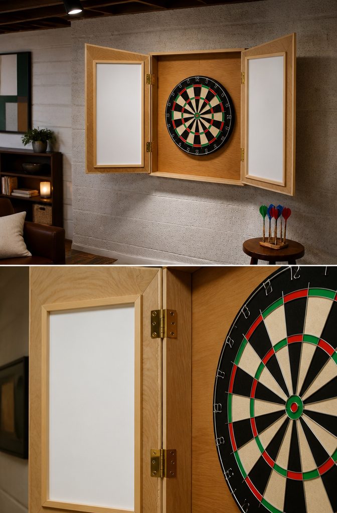 How to DIY Dart Board Setup: A 5-Step Guide to Building Your Game Room 1 A DIY dartboard cabinet made from plywood with doors and hinges.