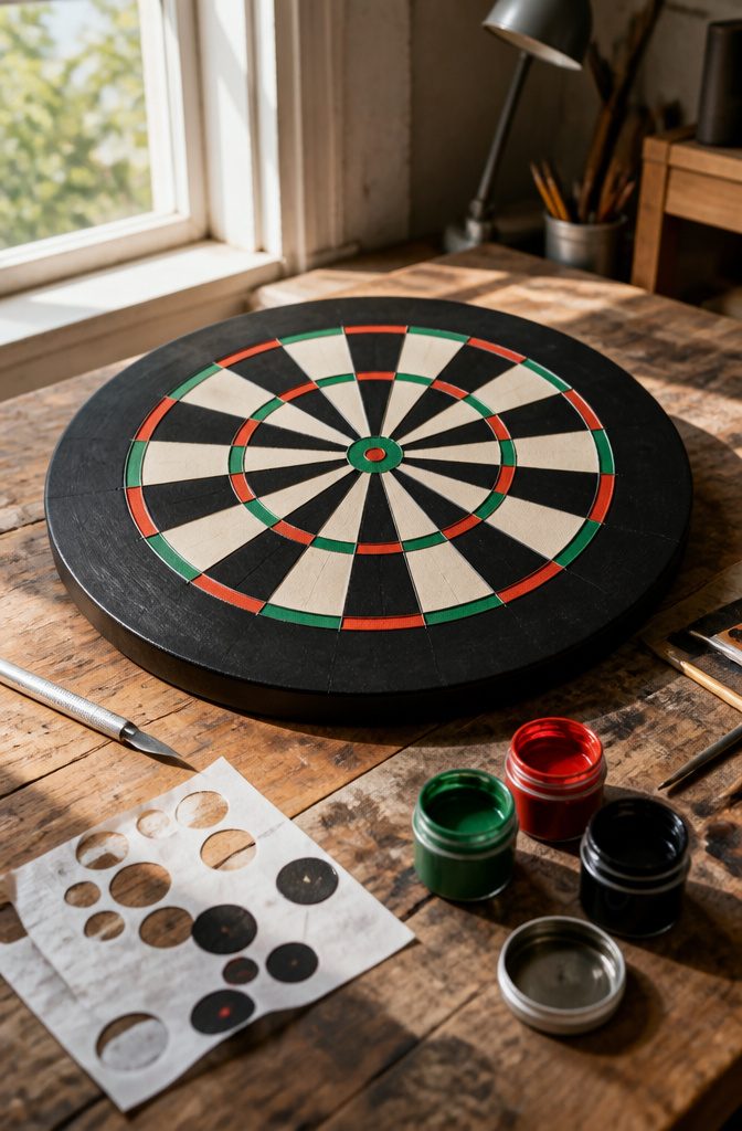 How to DIY Dart Board Setup: A 5-Step Guide to Building Your Game Room 2 A dartboard with a painted surface and stenciled numbers on a workbench.