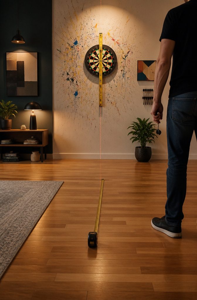 How to DIY Dart Board Setup: A 5-Step Guide to Building Your Game Room 4 A dartboard hung at regulation height with a measuring tape beside it.