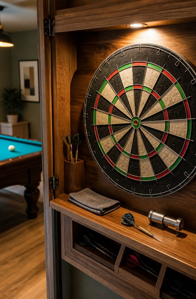 How to DIY Dart Board Setup: A 5-Step Guide to Building Your Game Room 5 Close-up of a dartboard and tools for maintenance on a cabinet shelf.